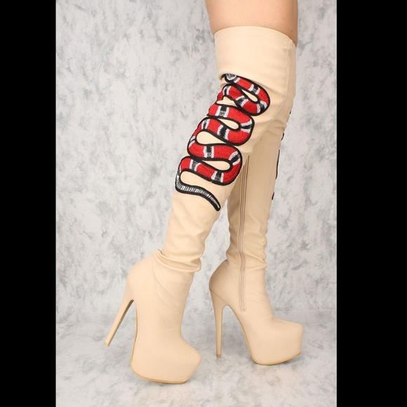 6" Nude Platform Heel Thigh Boots Red Snake Design - Picture 2 of 3